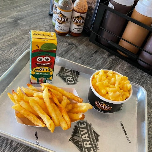 Crave mac & cheese, juice box, and fries for kids
