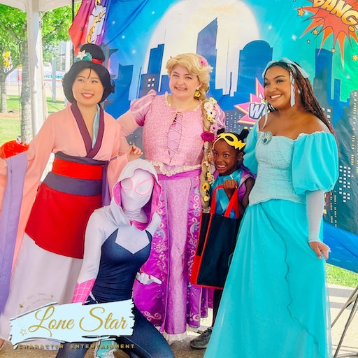 Lonestar Character Entertainment has Mulan, Sleeping Beauty, Spiderwoman, Princess Tiana, and more, for your next birthday party or event