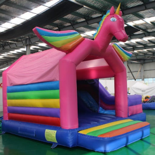 More Bounce To The House bounce house rental in Austin Texas. Colorful unicorn bounce house.
