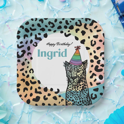 Personalized Rainbow Leopard Party Plates - 8 Pack