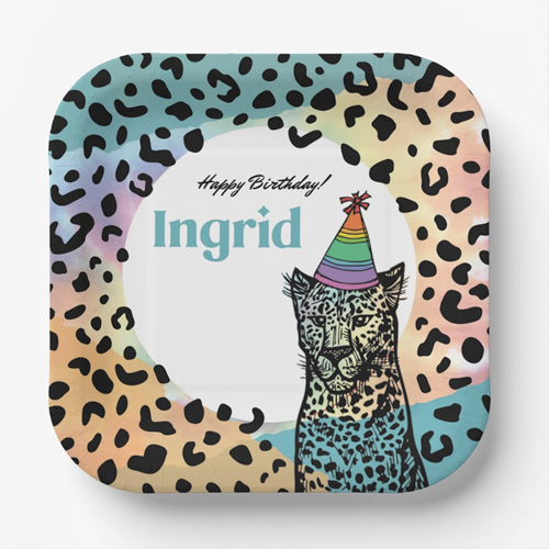 Personalized Rainbow Leopard Party Plates - 8 Pack