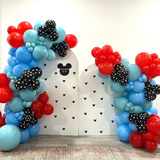 red, blue, and black mickey mouse balloon decor