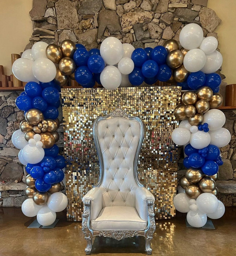 blue, white, and gold balloon decor by austin what's poppin