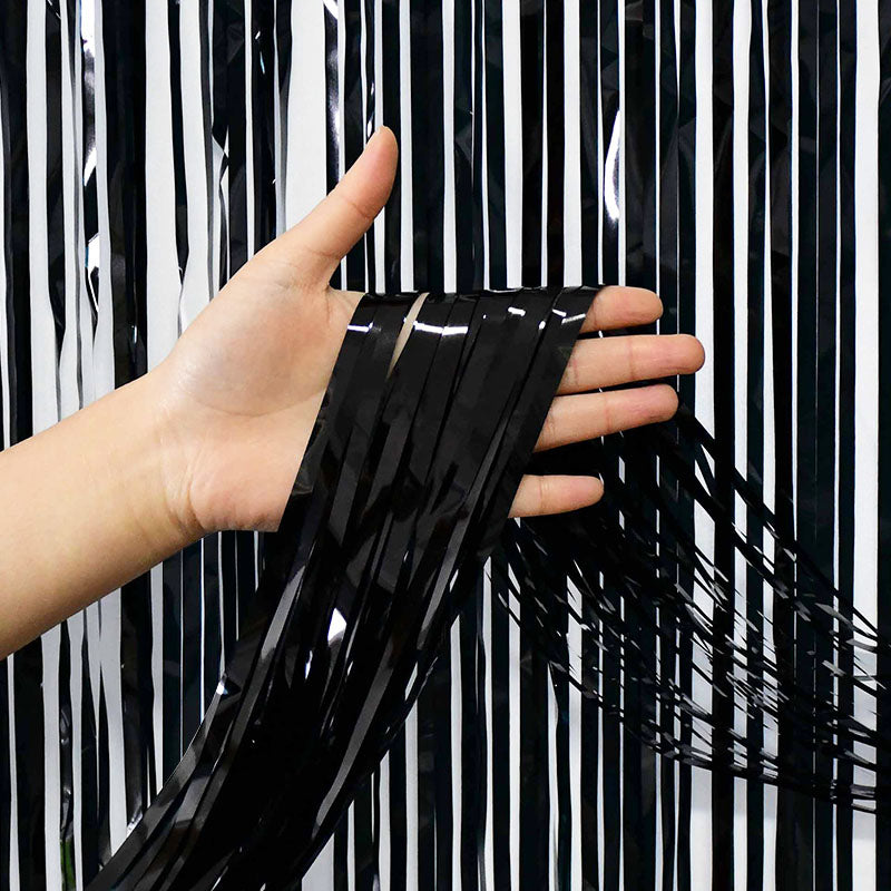 Black Metallic Fringe Tinsel Curtain Backdrop (2 pack)