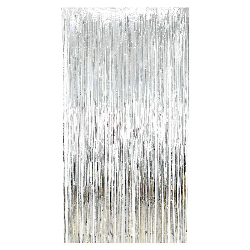 Silver Metallic Fringe Tinsel Curtain Backdrop (2 pack)