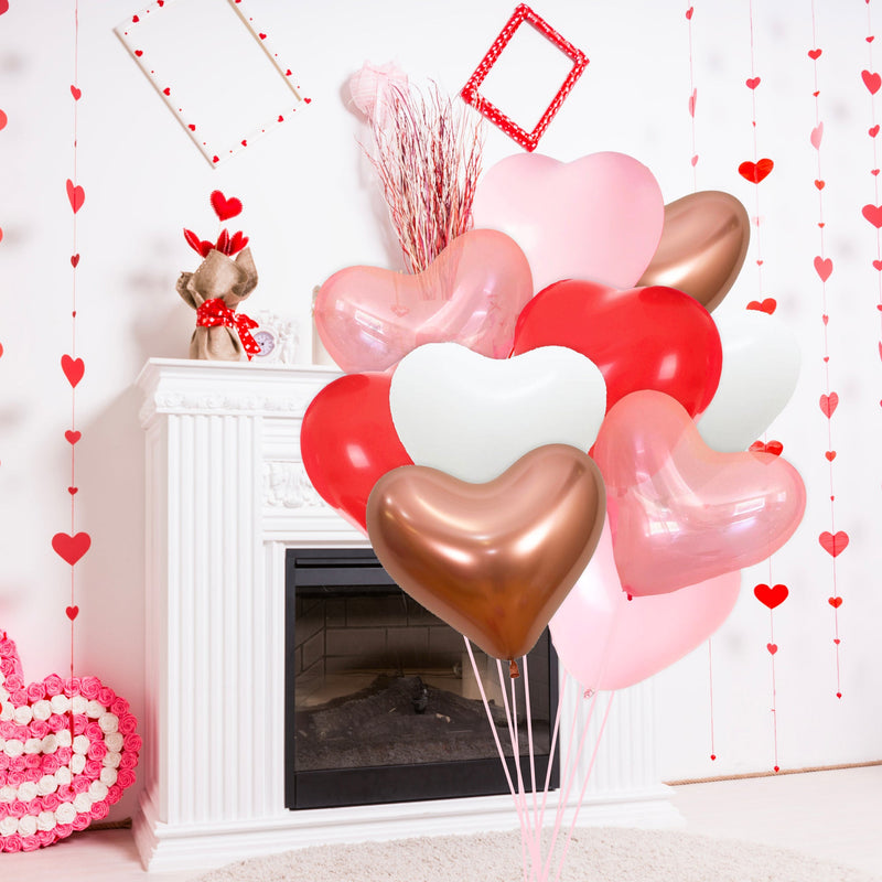 Red, White, Pink, & Rose Gold Heart Shaped Balloon Bouquet (10 Pack)