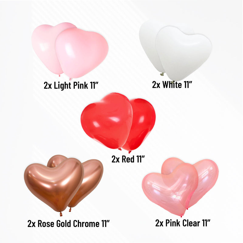 Red, White, Pink, & Rose Gold Heart Shaped Balloon Bouquet (10 Pack)