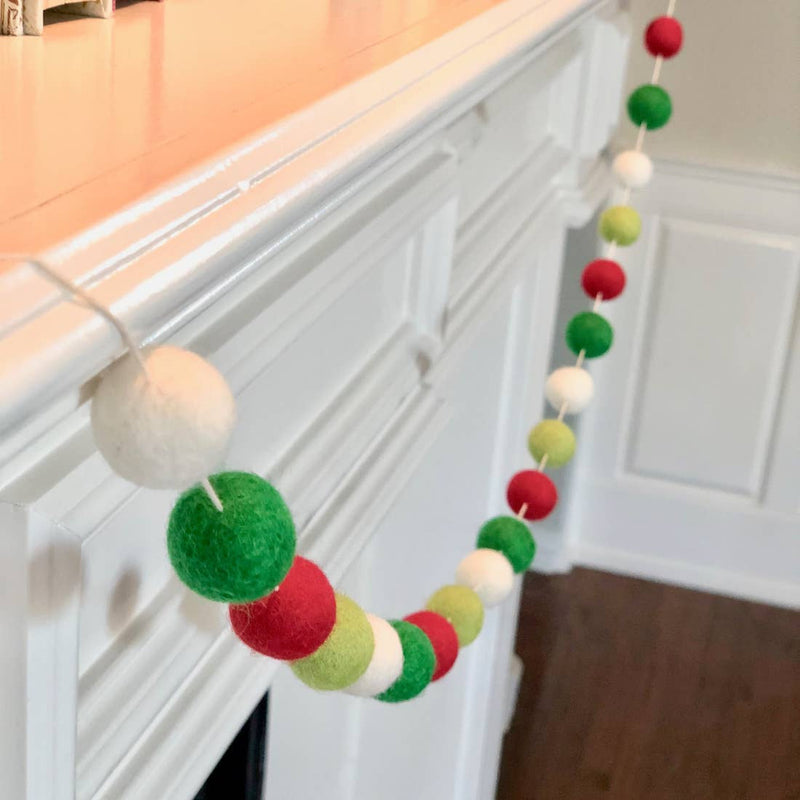 Red, Green, and White Holiday Wool Pom Garland (5-Foot)