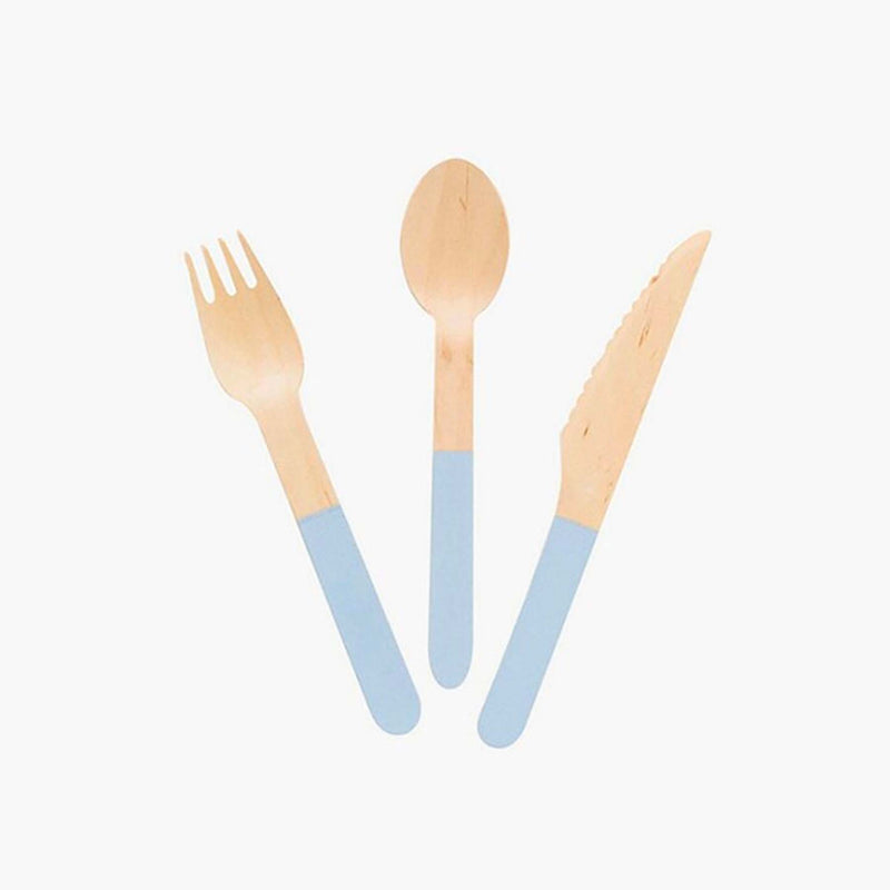 Pastel Blue Wooden Utensils - Spoon, Fork, Knife (Set of 24)