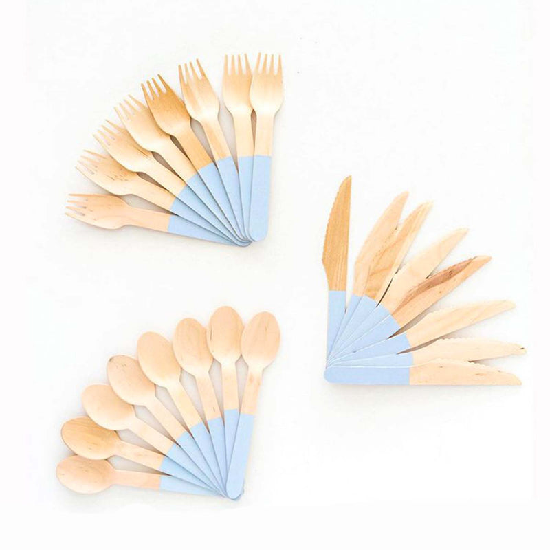 Pastel Blue Wooden Utensils - Spoon, Fork, Knife (Set of 24)