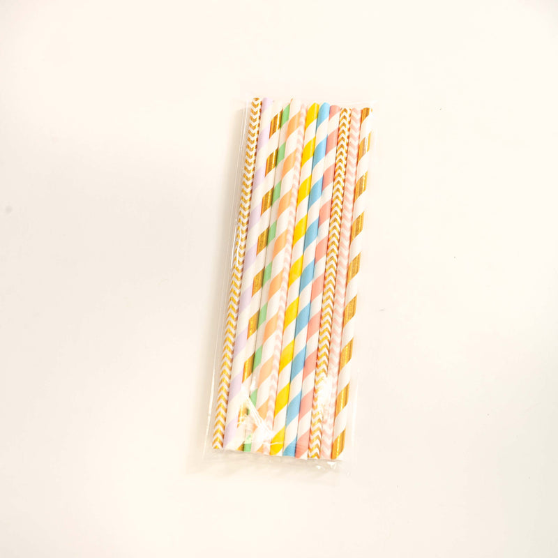 Pastel Rainbow Paper Straws in Pink, Orange, Yellow, Green, Blue, Purple, Gold (Set of 12)