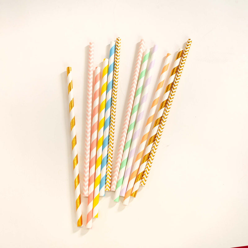 Pastel Rainbow Paper Straws in Pink, Orange, Yellow, Green, Blue, Purple, Gold (Set of 12)