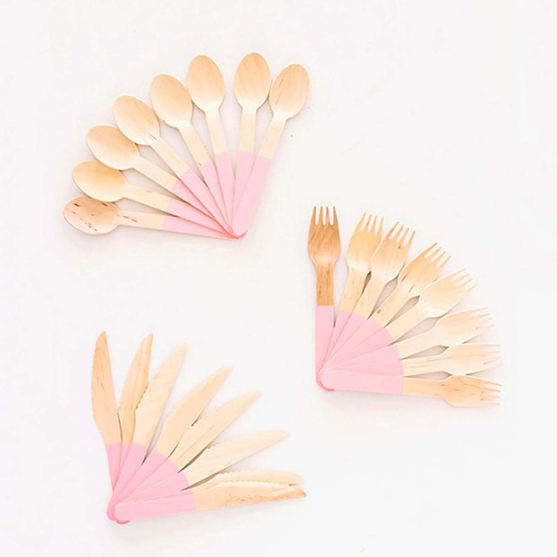 Pastel Pink Wooden Utensils - Spoon, Fork, Knife (Set of 24)