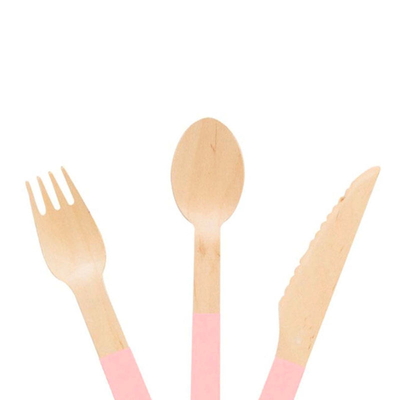 Pastel Pink Wooden Utensils - Spoon, Fork, Knife (Set of 24)