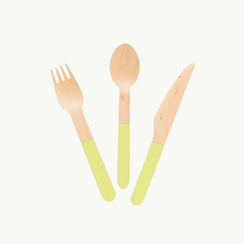 Pastel Yellow Wooden Utensils - Spoon, Fork, Knife (Set of 24)